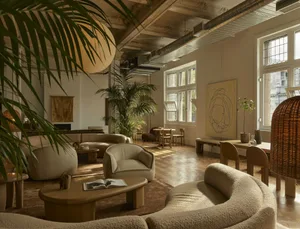 A modern living room with a large window, natural light, and a variety of seating options, including a couch, chair, and bean bag chair, surrounded by potted plants and decorative items