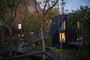 A black house with a modern design surrounded by trees, showcasing a well-lit and inviting interior through the windows