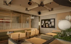 A modern restaurant with a large dining area featuring multiple seating options, wood and glass materials, and natural light from windows