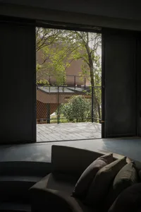 A modern living room with a couch, chair, and large window, with a tree visible outside, bathed in natural light