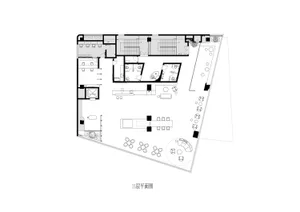 A modern floor plan with white and grey tones, featuring a large open space with various rooms and furniture, well-lit with natural and artificial light