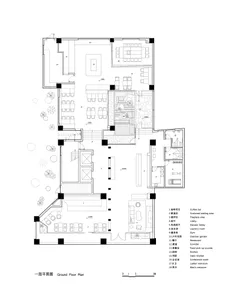 Black and white floor plan of a hotel with labeled rooms and spaces, featuring a simple and functional design with traditional materials and natural lighting