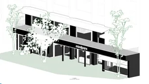 Modern building with a black and white color scheme, a large window, and a black awning, set against a serene outdoor backdrop with a tree and natural sunlight