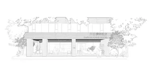 Black and white drawing of a hotel with a large window and balcony, featuring a classic and timeless architectural style