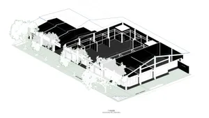 Black and white floor plan of a minimalist residential building with a focus on architectural structure and layout