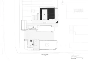2D top-down schematic of a modern hotel floor plan with concrete and glass materials, well-lit with natural light from windows