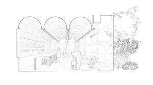 Inviting dining space with an arched ceiling, a dining table, and potted plants, featuring a couple and a dog