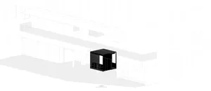A dimly lit modern building with a central black room, surrounded by concrete walls and a minimalist aesthetic