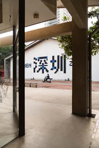 一名男子騎乘機車行駛於混凝土與瀝青混合的街道，周圍環繞盆栽植物