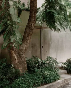 一座現代建築，外牆為灰色，前方有樹木，營造出寧靜祥和的氛圍