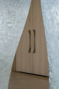 A wooden kitchen cabinet with a brown door and a handle, photographed from the interior with natural lighting creating a warm atmosphere