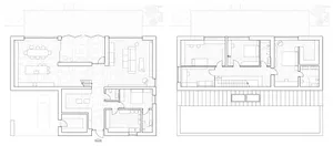 Black and white drawing of a minimalist house with two floor plans, showing a living room, kitchen, dining room, bedroom, and bathroom