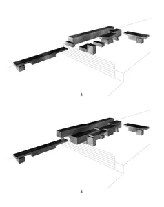 Black and white drawing of a staircase with a bench and handrail, featuring linework and architectural details
