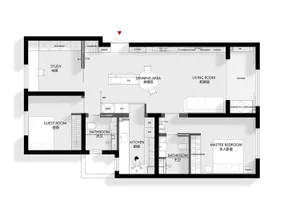 2D floor plan of a modern house with a living room, dining room, and kitchen, featuring white walls, natural light, and clear labels and measurements