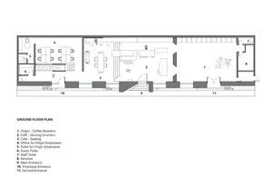 2D top-down floor plan of a commercial restaurant with modern design, featuring a kitchen, dining area, and other functional spaces