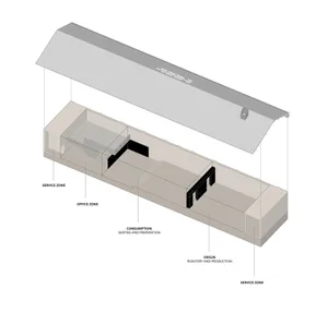 2D top-down schematic of a modern kitchen with room outlines, labels, measurements, and symbols, featuring concrete and steel construction, natural lighting, and efficient space use