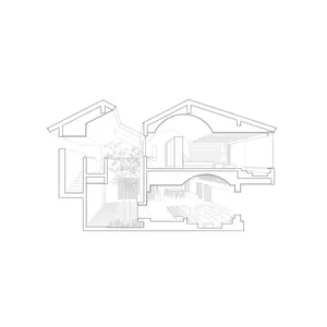 Black and white architectural section drawing of a two-story modern courtyard house showing interior spatial relationships, central planted courtyard, living areas, dining space, and roof forms.