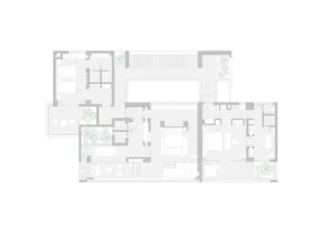 White floor plan of a modern house with open spaces, minimalist aesthetic, and clear labels and measurements