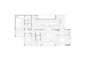 White floor plan with modern furniture, clean lines, and minimalistic design elements, featuring chairs, dining tables, and natural lighting through windows