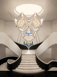 A modern staircase with a white railing and white stone wall, bathed in natural sunlight