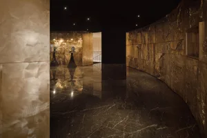 Bright and inviting lobby with marble flooring, stone walls, and a wooden door, illuminated by natural light
