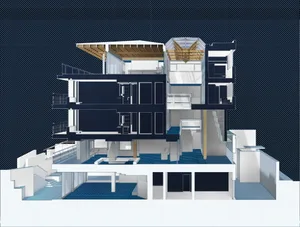 A modern building with multiple stories, featuring rooms, staircases, and large windows, with a predominantly white and blue color scheme and natural lighting