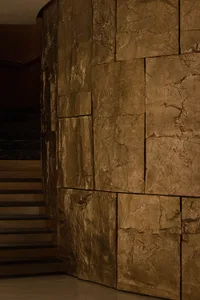 A stone wall with a textured surface and a concrete staircase with a metal railing in the background, set in a dimly lit outdoor area