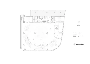 2D top-down floor plan of a modern space with a circular center, surrounded by other rooms, featuring furniture, labels, and measurements