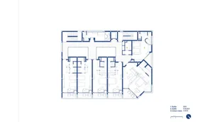 Top-down blueprint of a modern building with concrete construction, featuring a multi-story layout with various rooms and hallways, dim lighting, and linework, labels, and measurements