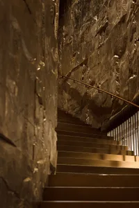 A stone staircase with a metal railing in a dark room, creating a moody atmosphere
