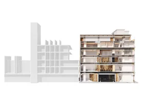 A 3d rendering of a large modern building with a mix of concrete and glass materials, featuring a sophisticated and luxurious interior with furniture and a high-end atmosphere