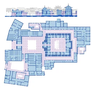 2D floor plan of a modern building with blue and white colors, featuring concrete and steel materials, and natural light from windows