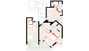 Black and white floor plan of a modern building with a large open area, featuring a kitchen, living room, and dining room, with dim lighting and clean lines