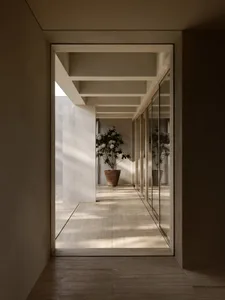 A bright and airy living room with white walls, natural light, and two potted plants, one near the center and one towards the right side, with a large window showcasing an outside view
