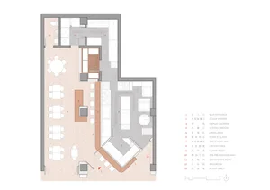 2D top-down floor plan of a modern hotel space with a combination of kitchen, dining, and living areas, featuring white surfaces and natural lighting