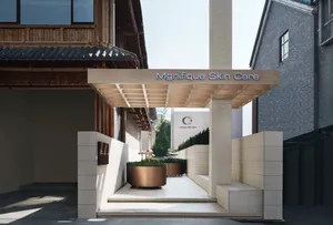 A modern spa with white walls, wooden accents, and decorative plants, set in a bright and welcoming space
