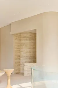 Bathroom with a shower on the left and a toilet on the right, featuring marble walls and a neutral color scheme