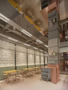A large, open dining space with a high ceiling, featuring a dining table and chairs, with a mix of wood and metal materials, and dim lighting creating a cozy atmosphere
