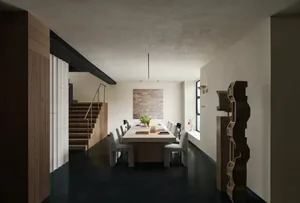 A modern dining room with a wooden floor, a dining table, and chairs, featuring a potted plant and dim lighting