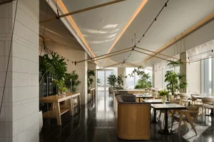 Modern restaurant with wood and glass elements, dining tables, chairs, and potted plants, warm and inviting atmosphere, sophisticated and elegant ambiance