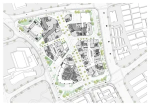 現代住宅大樓的2D平面圖，呈現城市街道景觀，包含客廳、廚房與臥室，採用自然採光與混凝土結構