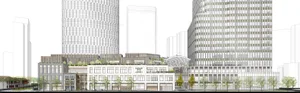 A modern building with a large glass facade, rooftop terrace, and glass atrium, featuring white surfaces and natural light