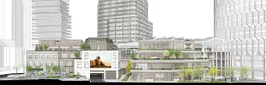 一座現代城市建築，屋頂花園種滿樹木與灌木，藍天下玻璃帷幕引入自然光線