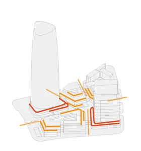 Detailed modern building plan with concrete and glass materials, featuring a large tower and smaller surrounding buildings, with natural lighting and urban sophistication