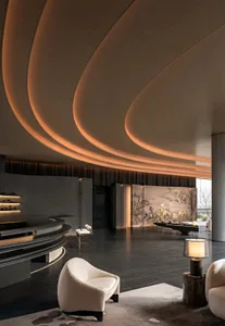 A well-lit modern room with a couch, dining table, chair, and painting, featuring wood and glass materials and a warm atmosphere