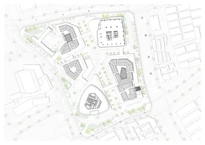 2D top-down floor plan of a multi-story residential building with room outlines, labels, measurements, and symbols, featuring a modern style with concrete and glass materials