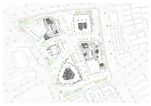Detailed modern floor plan of a building with concrete structure, divided into various areas, including a courtyard, with natural lighting and clear layout