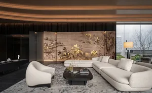 A modern living room with a large couch, chair, and coffee table, surrounded by a beautifully painted mural and natural light from the windows