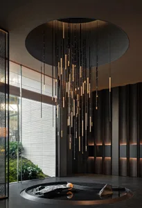 Modern dining room with a metal chandelier, large window, and potted plants, featuring clean lines and minimalistic design