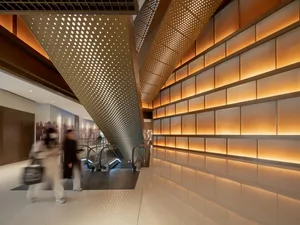 Modern office space with a glass ceiling, wood and glass walls, and natural light pouring in through the atrium